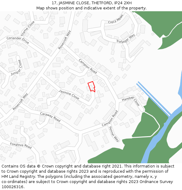 17, JASMINE CLOSE, THETFORD, IP24 2XH: Location map and indicative extent of plot