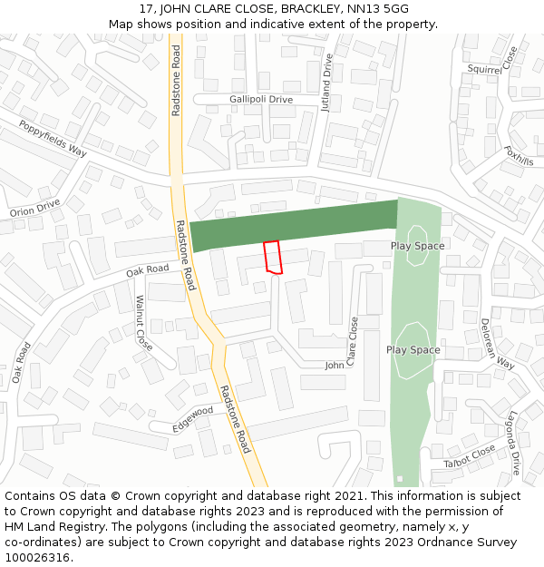 17, JOHN CLARE CLOSE, BRACKLEY, NN13 5GG: Location map and indicative extent of plot