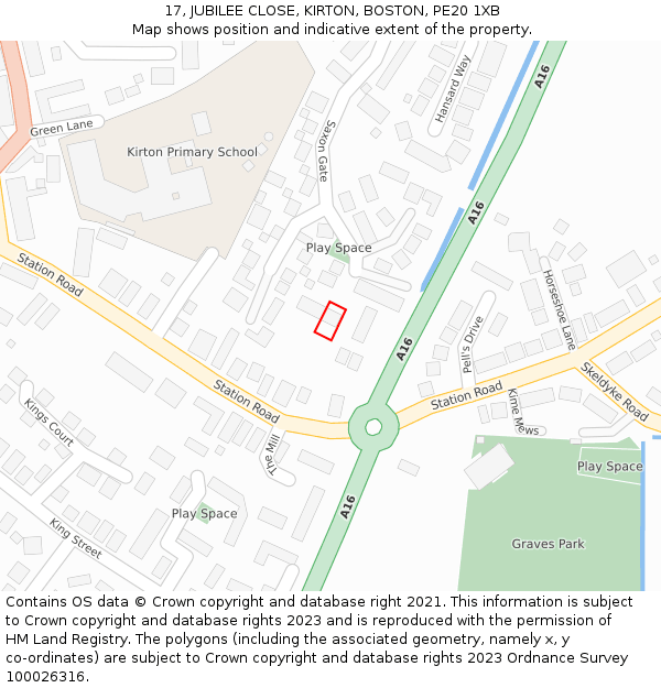 17, JUBILEE CLOSE, KIRTON, BOSTON, PE20 1XB: Location map and indicative extent of plot
