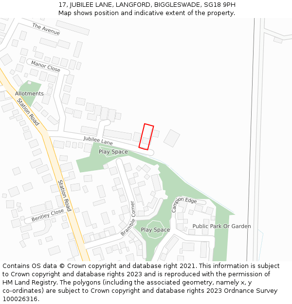 17, JUBILEE LANE, LANGFORD, BIGGLESWADE, SG18 9PH: Location map and indicative extent of plot