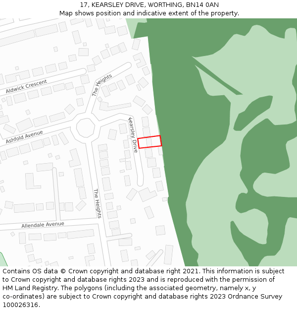 17, KEARSLEY DRIVE, WORTHING, BN14 0AN: Location map and indicative extent of plot