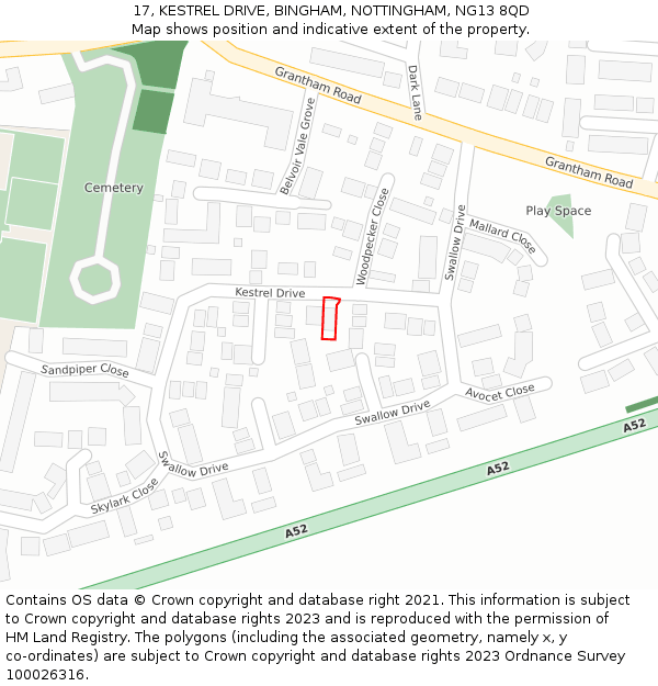 17, KESTREL DRIVE, BINGHAM, NOTTINGHAM, NG13 8QD: Location map and indicative extent of plot