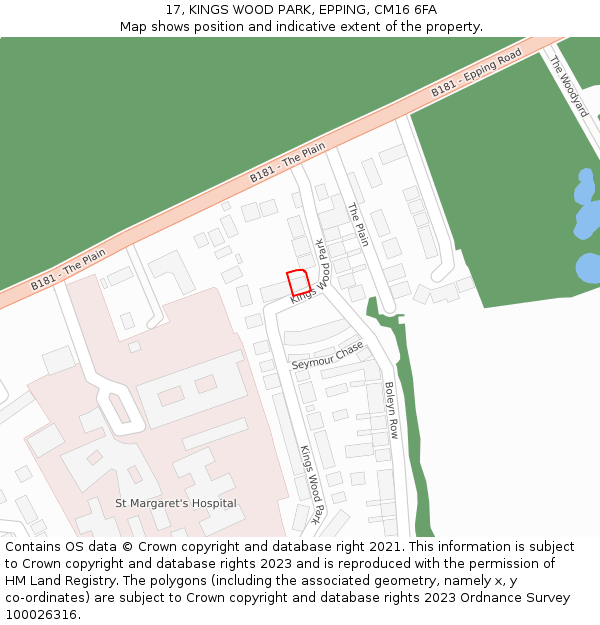 17, KINGS WOOD PARK, EPPING, CM16 6FA: Location map and indicative extent of plot