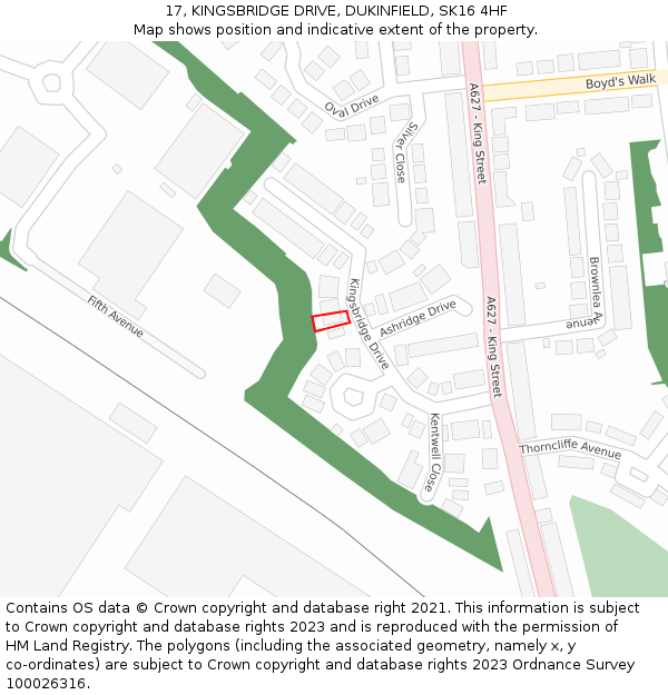 17, KINGSBRIDGE DRIVE, DUKINFIELD, SK16 4HF: Location map and indicative extent of plot