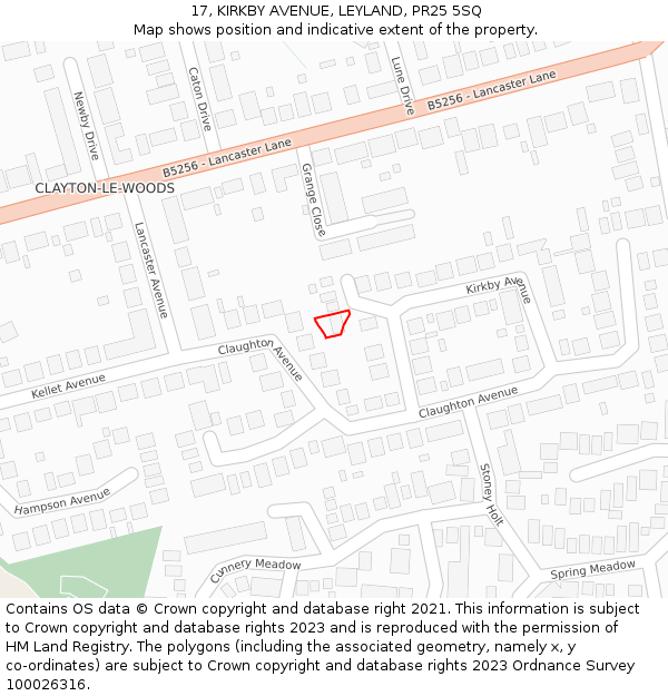17, KIRKBY AVENUE, LEYLAND, PR25 5SQ: Location map and indicative extent of plot