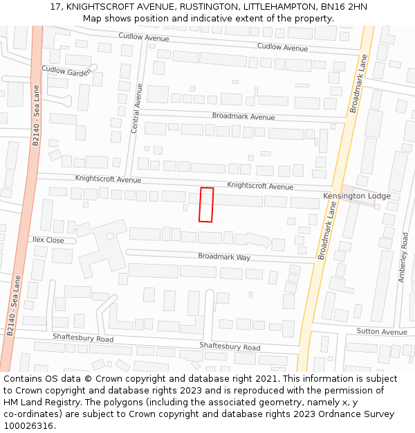 17, KNIGHTSCROFT AVENUE, RUSTINGTON, LITTLEHAMPTON, BN16 2HN: Location map and indicative extent of plot