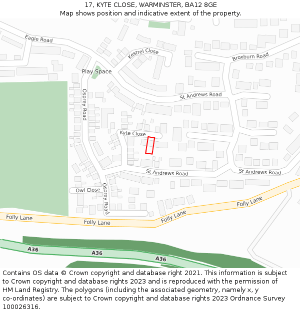 17, KYTE CLOSE, WARMINSTER, BA12 8GE: Location map and indicative extent of plot