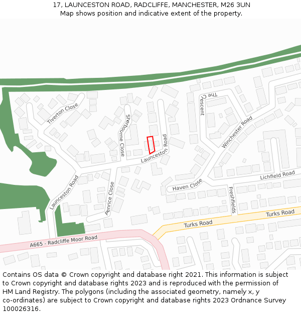 17, LAUNCESTON ROAD, RADCLIFFE, MANCHESTER, M26 3UN: Location map and indicative extent of plot