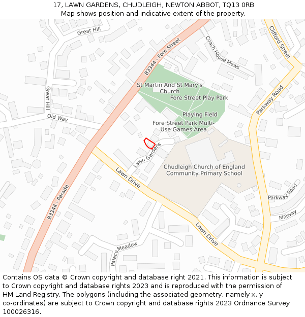17, LAWN GARDENS, CHUDLEIGH, NEWTON ABBOT, TQ13 0RB: Location map and indicative extent of plot