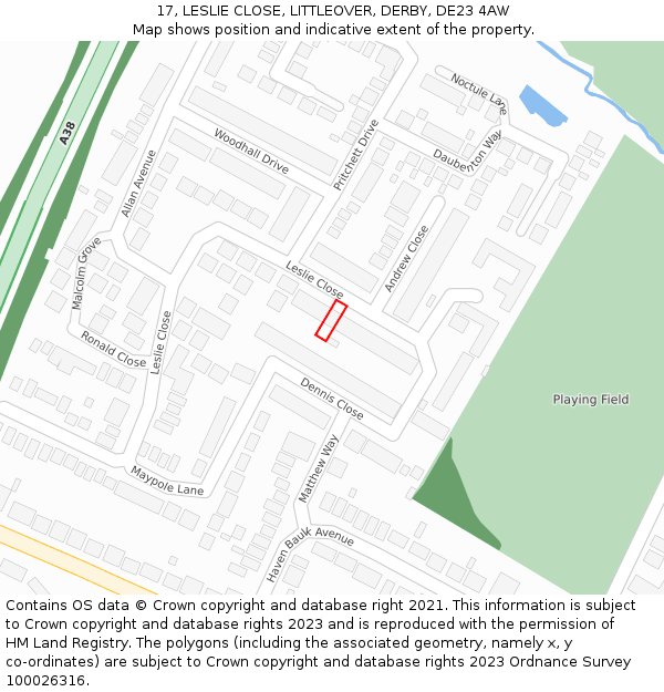17, LESLIE CLOSE, LITTLEOVER, DERBY, DE23 4AW: Location map and indicative extent of plot