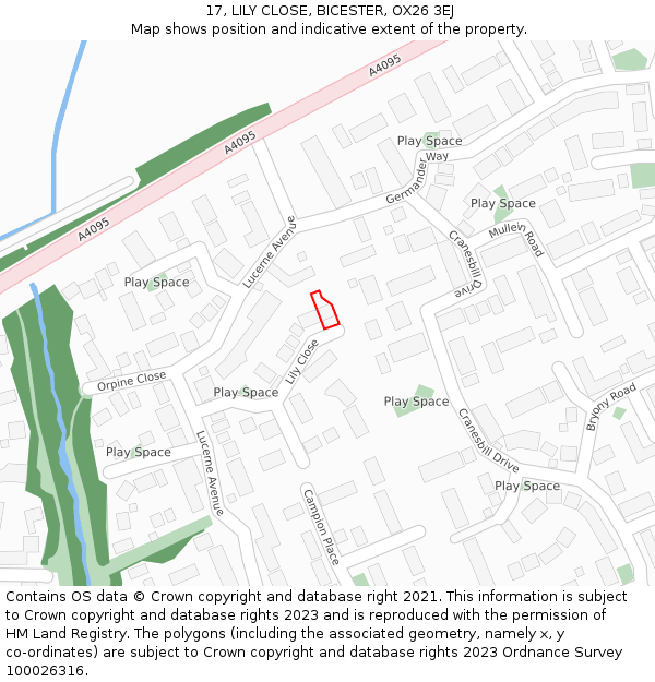 17, LILY CLOSE, BICESTER, OX26 3EJ: Location map and indicative extent of plot