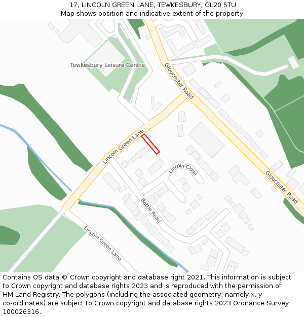 17, LINCOLN GREEN LANE, TEWKESBURY, GL20 5TU: Location map and indicative extent of plot