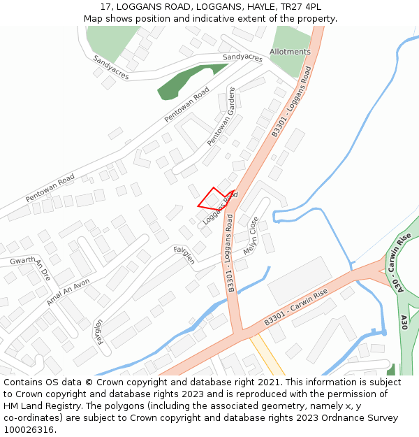 17, LOGGANS ROAD, LOGGANS, HAYLE, TR27 4PL: Location map and indicative extent of plot