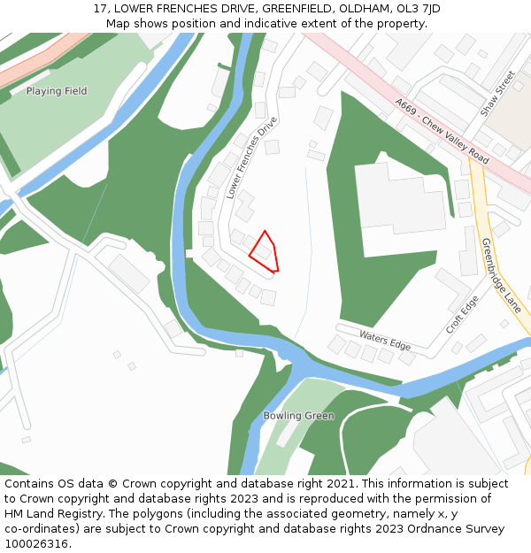 17, LOWER FRENCHES DRIVE, GREENFIELD, OLDHAM, OL3 7JD: Location map and indicative extent of plot
