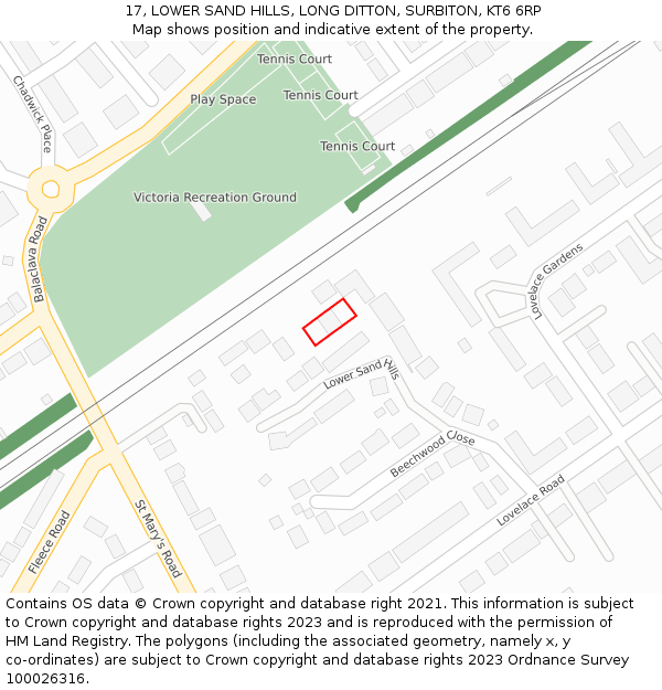 17, LOWER SAND HILLS, LONG DITTON, SURBITON, KT6 6RP: Location map and indicative extent of plot