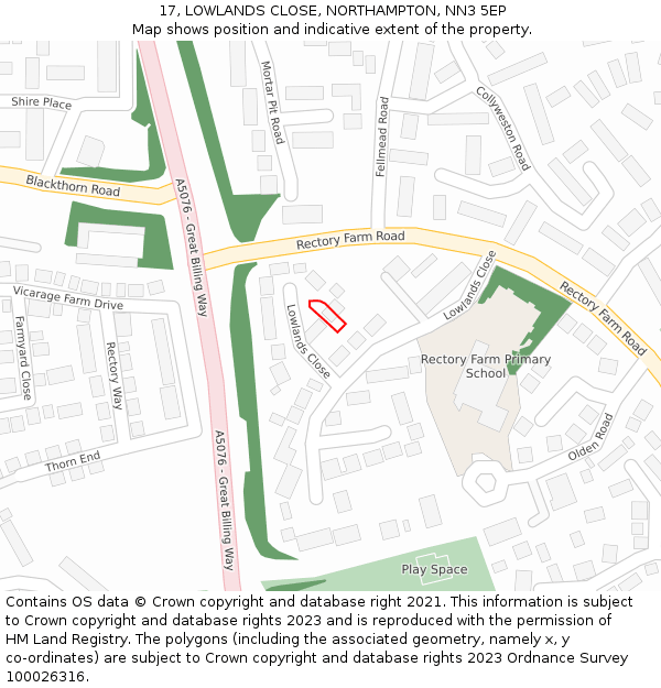 17, LOWLANDS CLOSE, NORTHAMPTON, NN3 5EP: Location map and indicative extent of plot