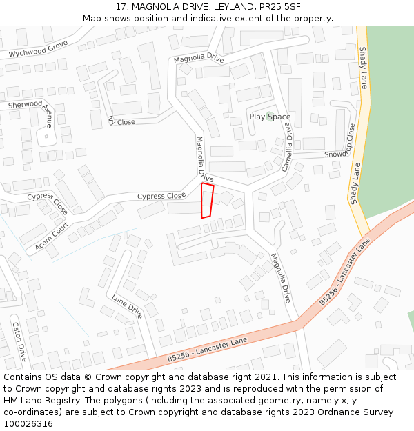 17, MAGNOLIA DRIVE, LEYLAND, PR25 5SF: Location map and indicative extent of plot
