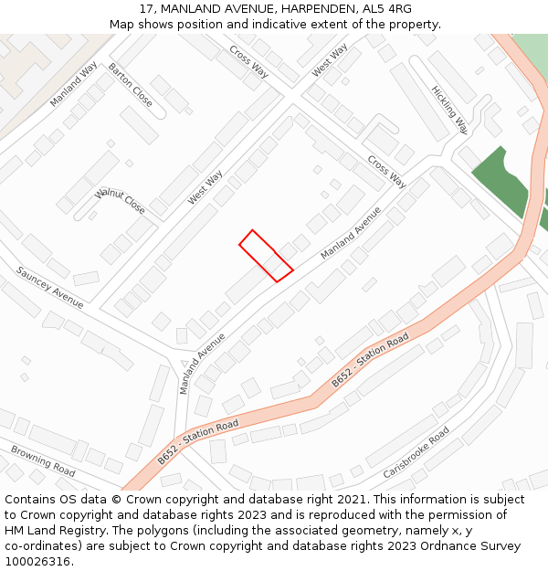 17, MANLAND AVENUE, HARPENDEN, AL5 4RG: Location map and indicative extent of plot