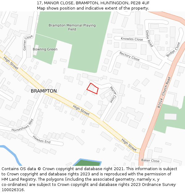 17, MANOR CLOSE, BRAMPTON, HUNTINGDON, PE28 4UF: Location map and indicative extent of plot