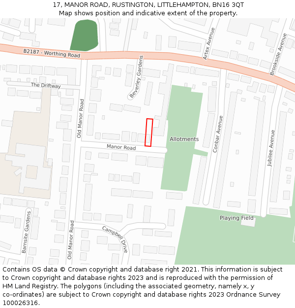 17, MANOR ROAD, RUSTINGTON, LITTLEHAMPTON, BN16 3QT: Location map and indicative extent of plot