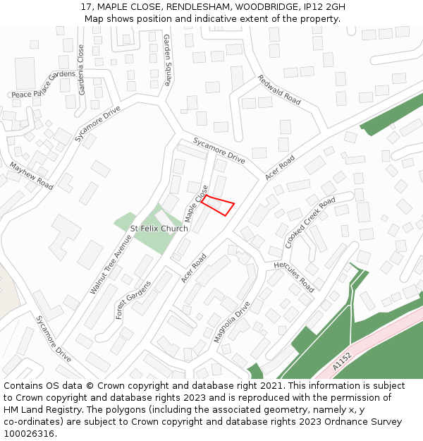 17, MAPLE CLOSE, RENDLESHAM, WOODBRIDGE, IP12 2GH: Location map and indicative extent of plot