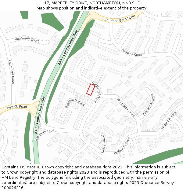 17, MAPPERLEY DRIVE, NORTHAMPTON, NN3 9UF: Location map and indicative extent of plot