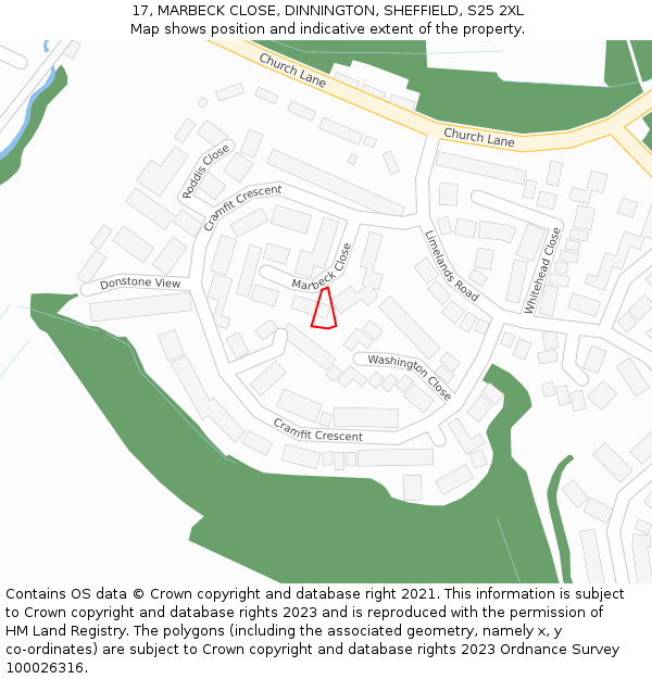 17, MARBECK CLOSE, DINNINGTON, SHEFFIELD, S25 2XL: Location map and indicative extent of plot