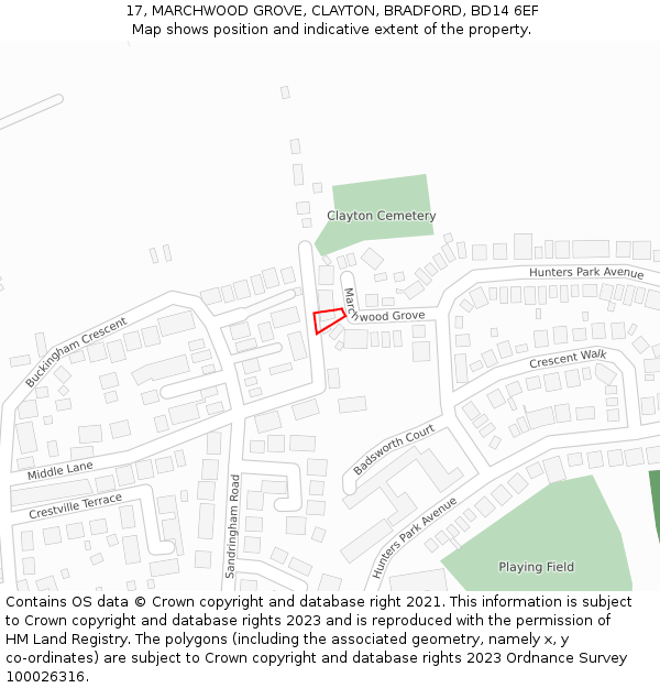 17, MARCHWOOD GROVE, CLAYTON, BRADFORD, BD14 6EF: Location map and indicative extent of plot