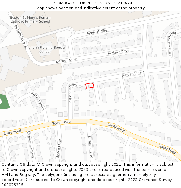 17, MARGARET DRIVE, BOSTON, PE21 9AN: Location map and indicative extent of plot