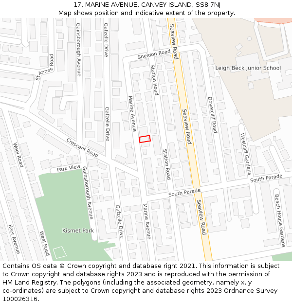 17, MARINE AVENUE, CANVEY ISLAND, SS8 7NJ: Location map and indicative extent of plot