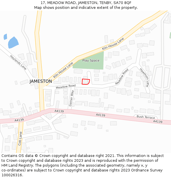 17, MEADOW ROAD, JAMESTON, TENBY, SA70 8QF: Location map and indicative extent of plot