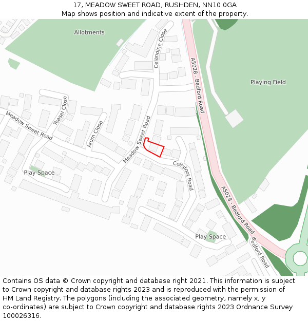 17, MEADOW SWEET ROAD, RUSHDEN, NN10 0GA: Location map and indicative extent of plot