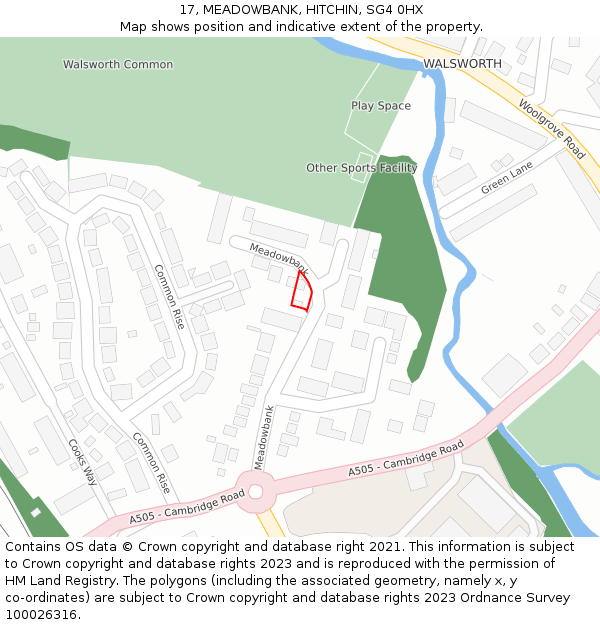 17, MEADOWBANK, HITCHIN, SG4 0HX: Location map and indicative extent of plot