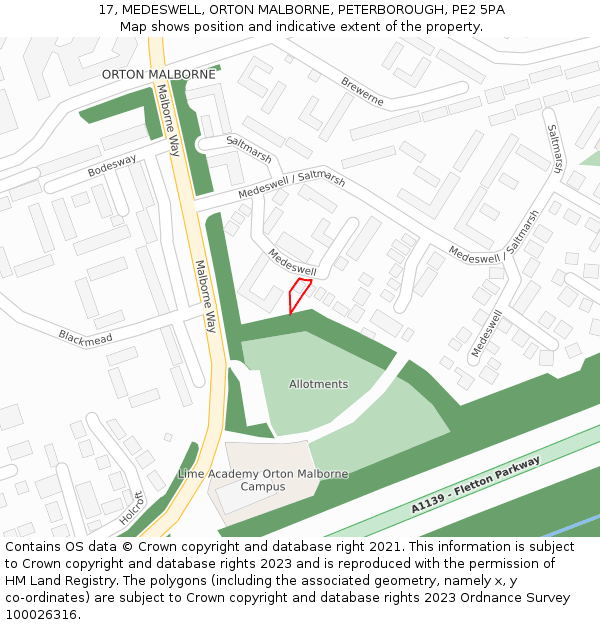 17, MEDESWELL, ORTON MALBORNE, PETERBOROUGH, PE2 5PA: Location map and indicative extent of plot
