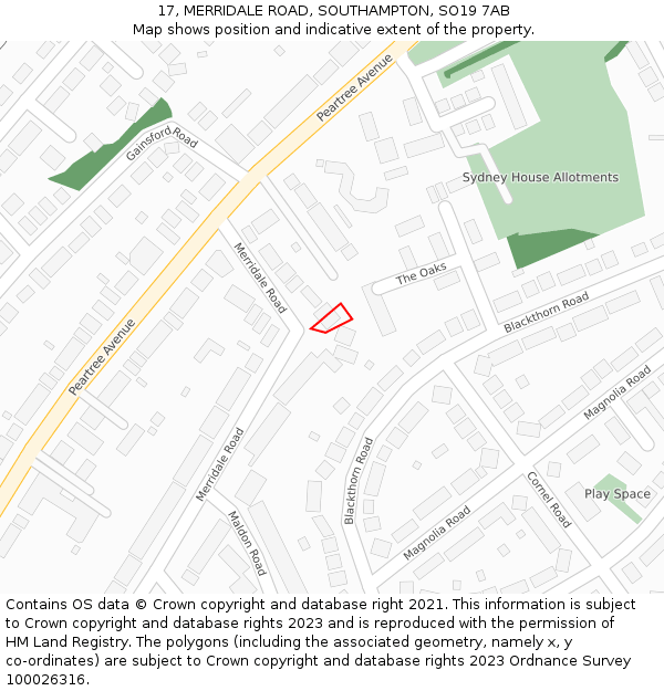 17, MERRIDALE ROAD, SOUTHAMPTON, SO19 7AB: Location map and indicative extent of plot