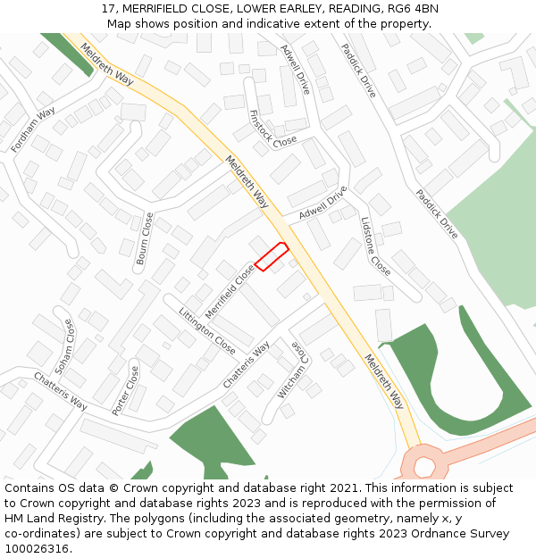 17, MERRIFIELD CLOSE, LOWER EARLEY, READING, RG6 4BN: Location map and indicative extent of plot