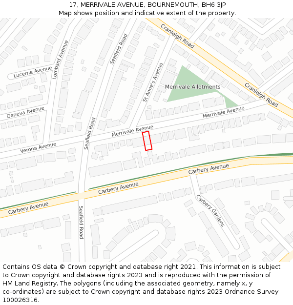17, MERRIVALE AVENUE, BOURNEMOUTH, BH6 3JP: Location map and indicative extent of plot