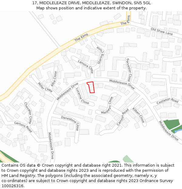 17, MIDDLELEAZE DRIVE, MIDDLELEAZE, SWINDON, SN5 5GL: Location map and indicative extent of plot
