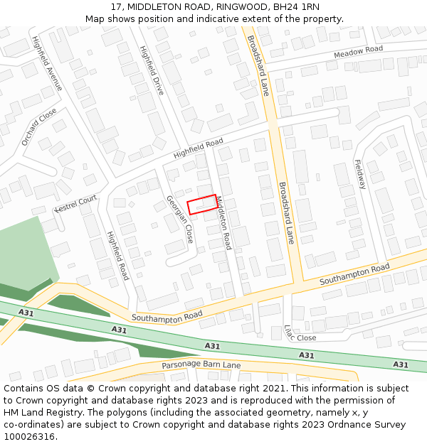 17, MIDDLETON ROAD, RINGWOOD, BH24 1RN: Location map and indicative extent of plot