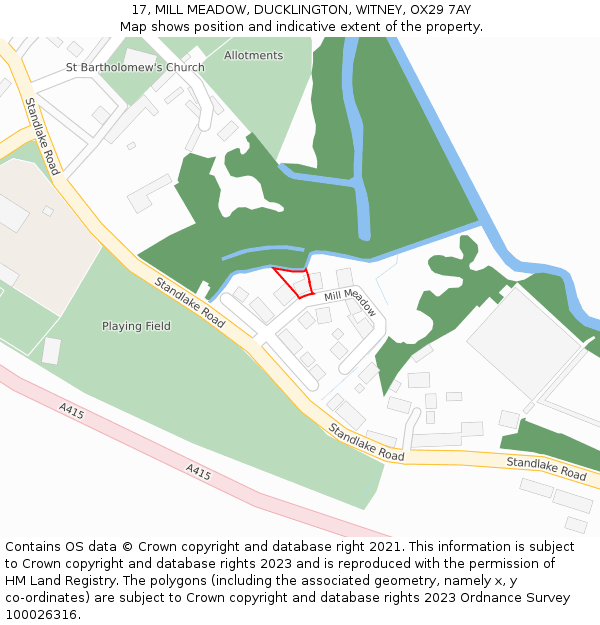 17, MILL MEADOW, DUCKLINGTON, WITNEY, OX29 7AY: Location map and indicative extent of plot