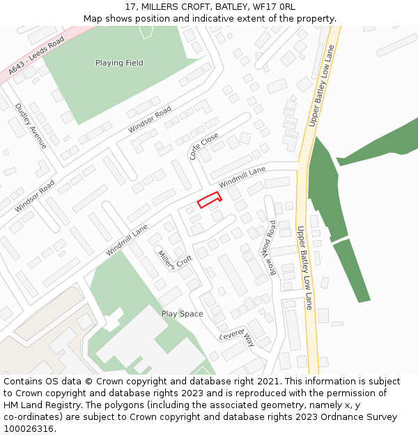 17, MILLERS CROFT, BATLEY, WF17 0RL: Location map and indicative extent of plot