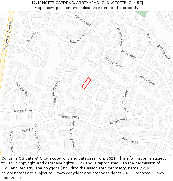 17, MINSTER GARDENS, ABBEYMEAD, GLOUCESTER, GL4 5GJ: Location map and indicative extent of plot