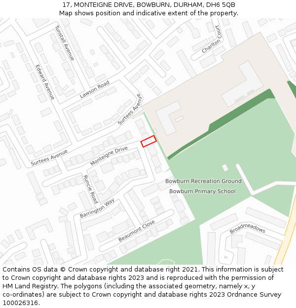17, MONTEIGNE DRIVE, BOWBURN, DURHAM, DH6 5QB: Location map and indicative extent of plot