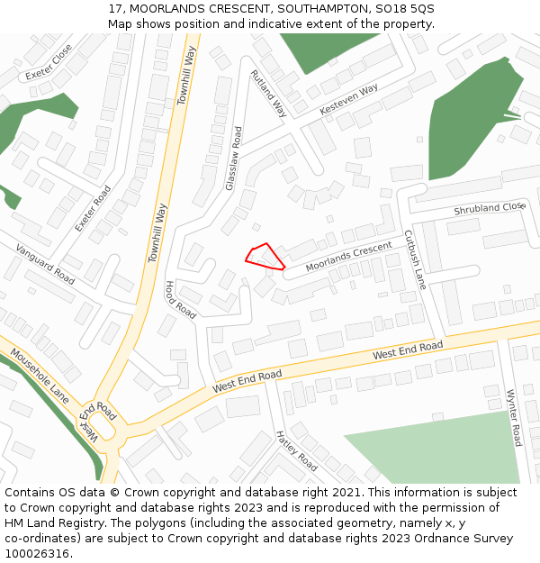 17, MOORLANDS CRESCENT, SOUTHAMPTON, SO18 5QS: Location map and indicative extent of plot