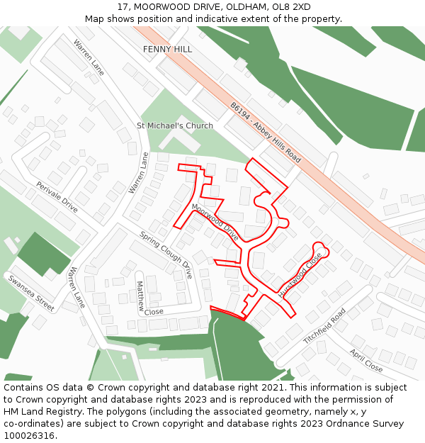 17, MOORWOOD DRIVE, OLDHAM, OL8 2XD: Location map and indicative extent of plot