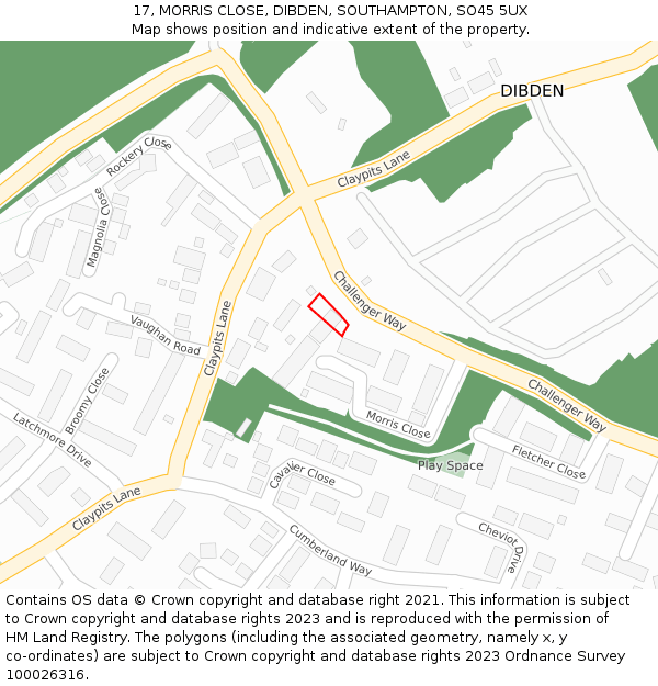 17, MORRIS CLOSE, DIBDEN, SOUTHAMPTON, SO45 5UX: Location map and indicative extent of plot
