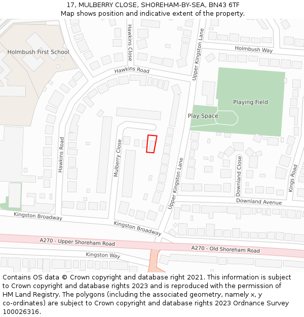 17, MULBERRY CLOSE, SHOREHAM-BY-SEA, BN43 6TF: Location map and indicative extent of plot