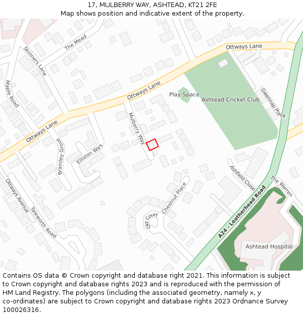 17, MULBERRY WAY, ASHTEAD, KT21 2FE: Location map and indicative extent of plot
