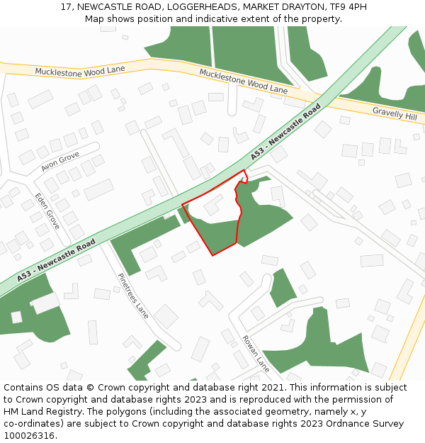 17, NEWCASTLE ROAD, LOGGERHEADS, MARKET DRAYTON, TF9 4PH: Location map and indicative extent of plot