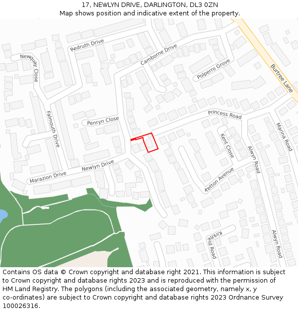 17, NEWLYN DRIVE, DARLINGTON, DL3 0ZN: Location map and indicative extent of plot